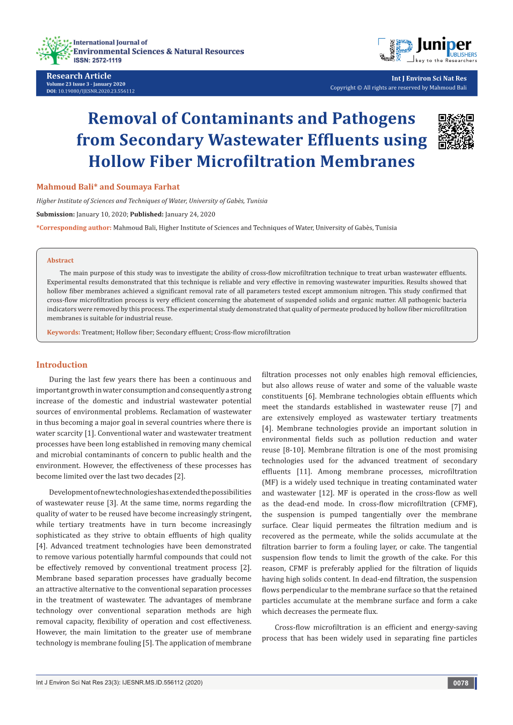 Removal of Contaminants and Pathogens from Secondary Wastewater Effluents Using Hollow Fiber Microfiltration Membranes