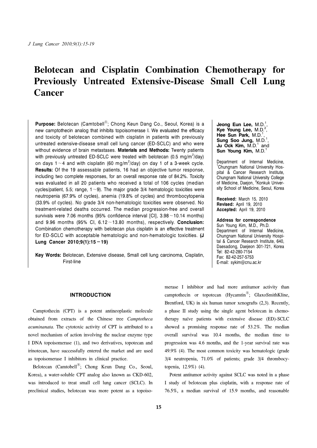 Belotecan and Cisplatin Combination Chemotherapy for Previously Untreated Extensive-Disease Small Cell Lung Cancer