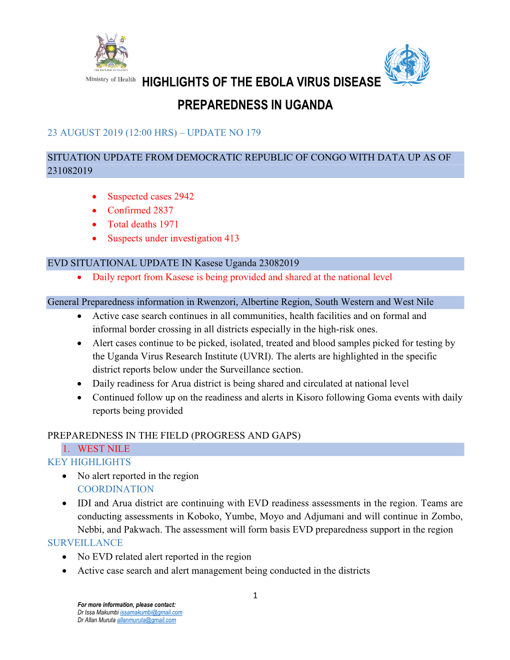 Highlights of the Ebola Virus Disease Preparedness in Uganda