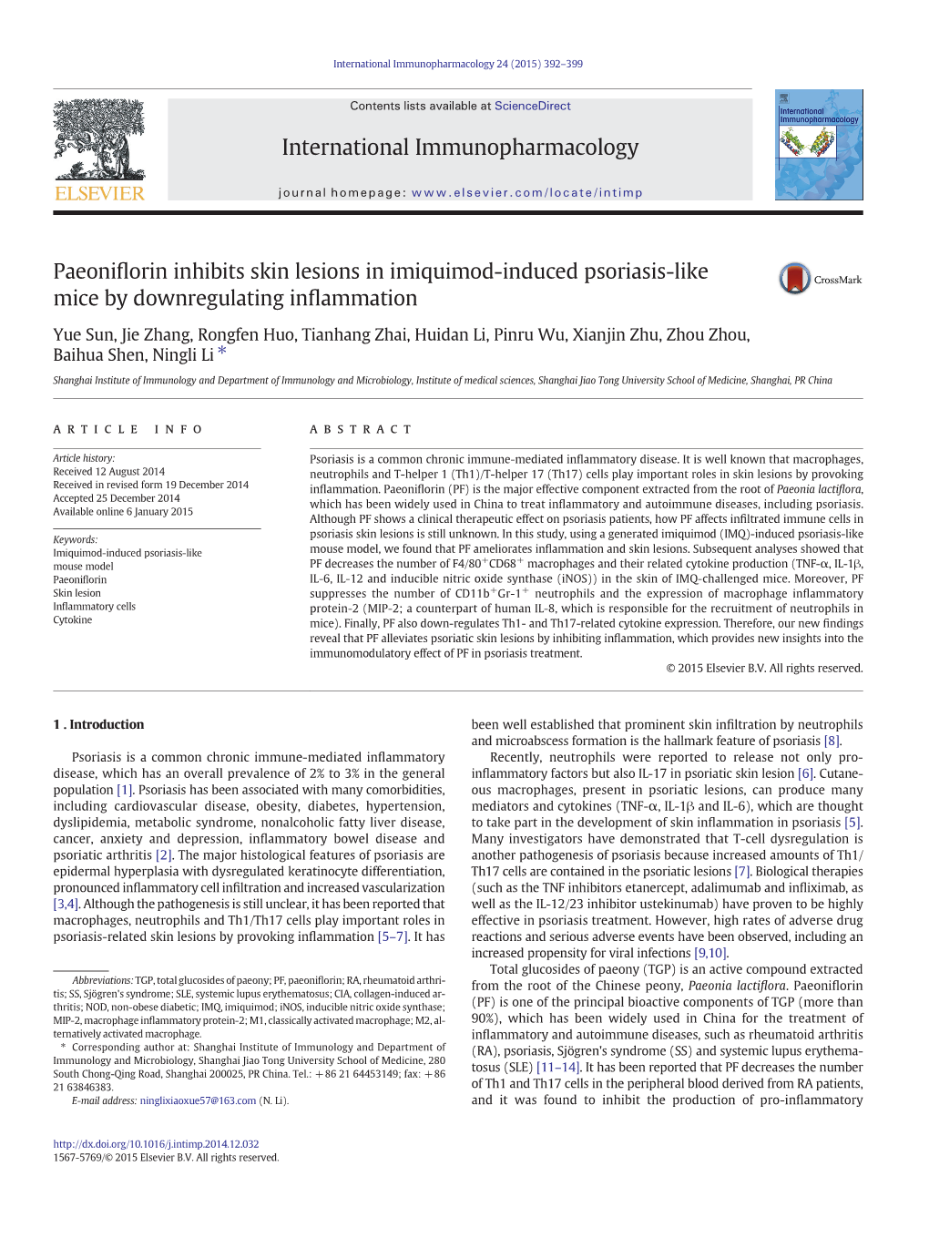 Paeoniflorin Inhibits Skin Lesions in Imiquimod-Induced Psoriasis-Like