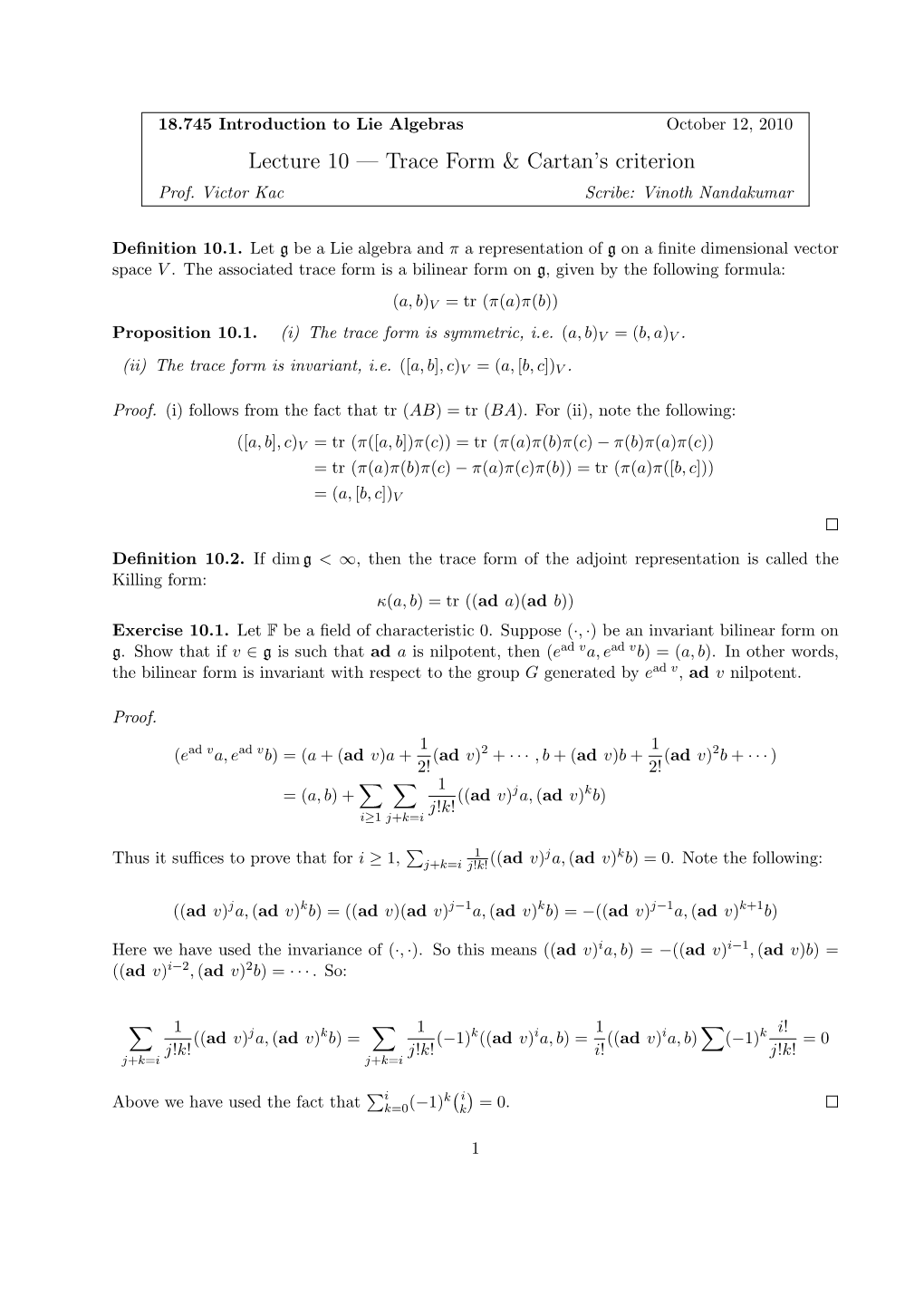 Lecture 10 — Trace Form & Cartan's Criterion