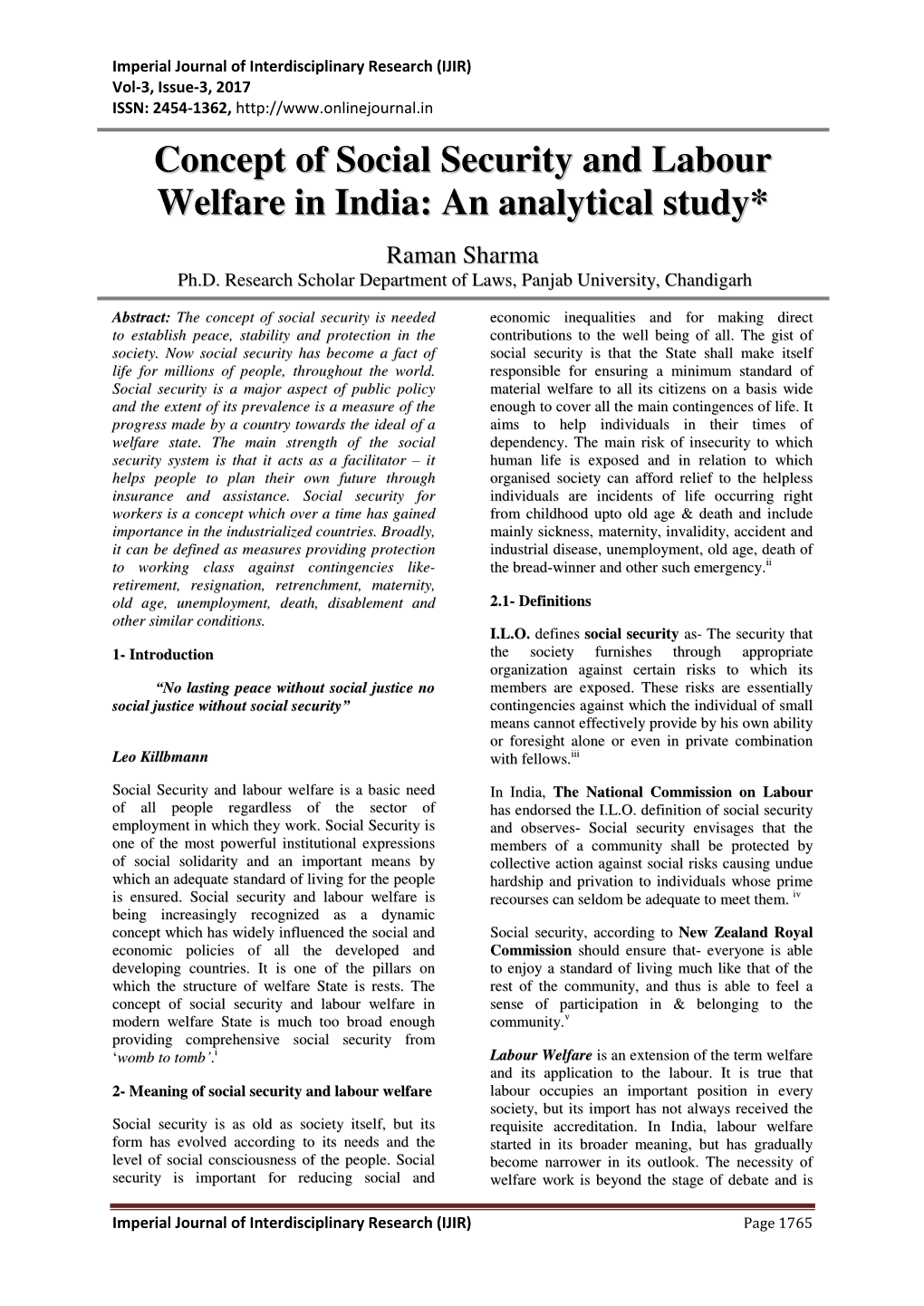 Concept of Social Security and Labour Welfare in India: an Analytical Study*