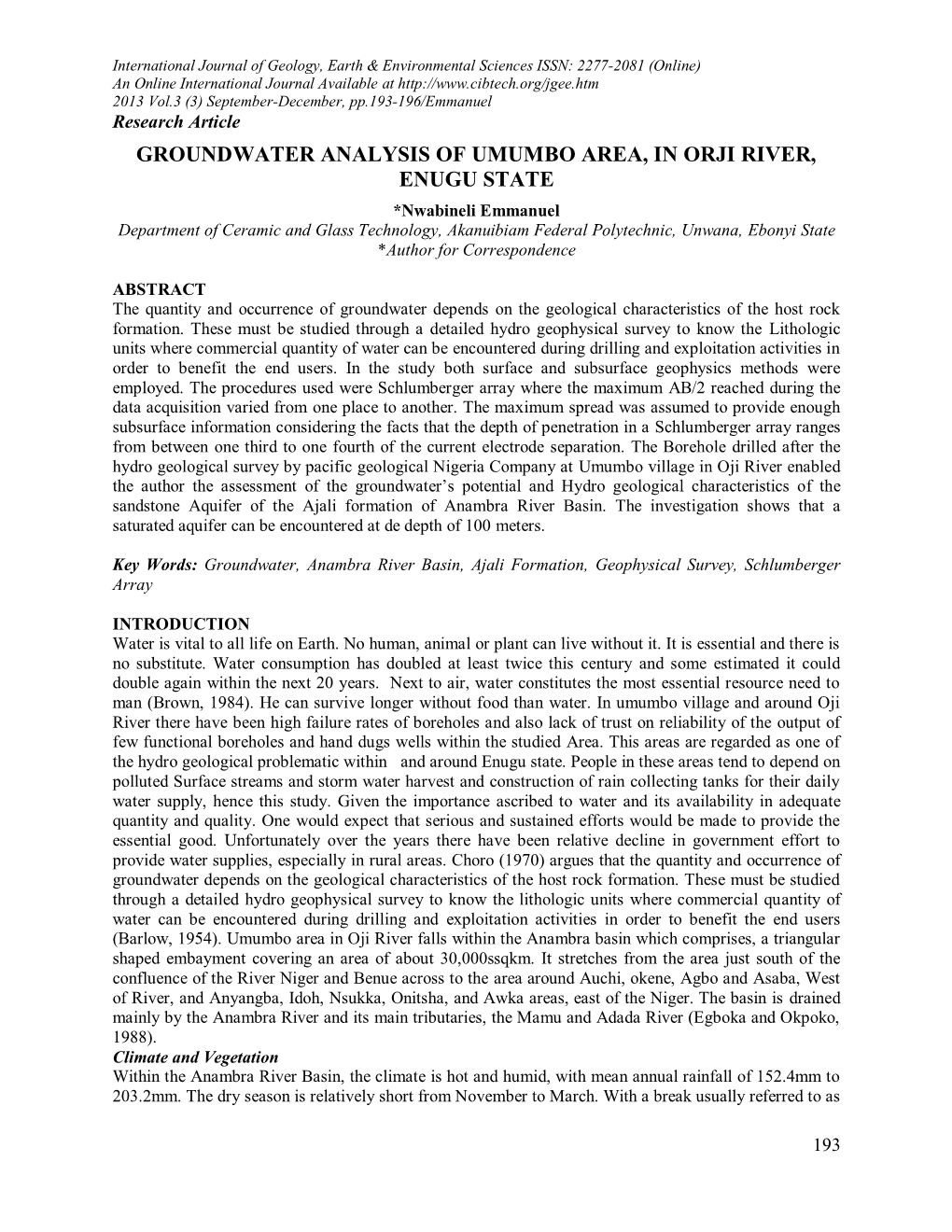 Groundwater Analysis of Umumbo Area, in Orji River