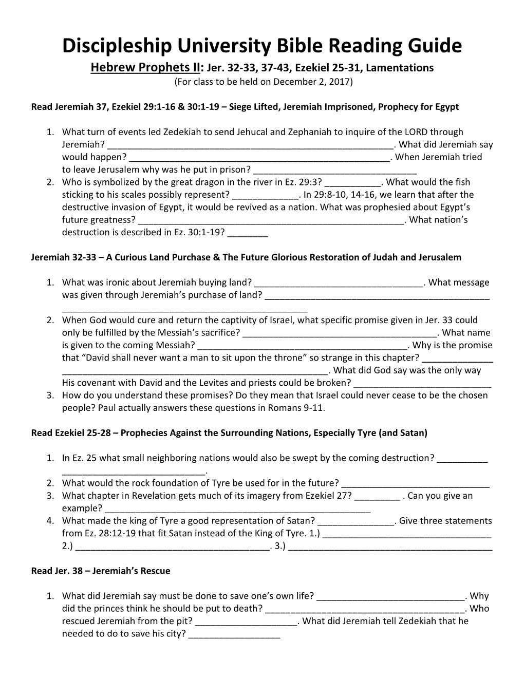 Discipleship University Bible Reading Guide Hebrew Prophets II: Jer