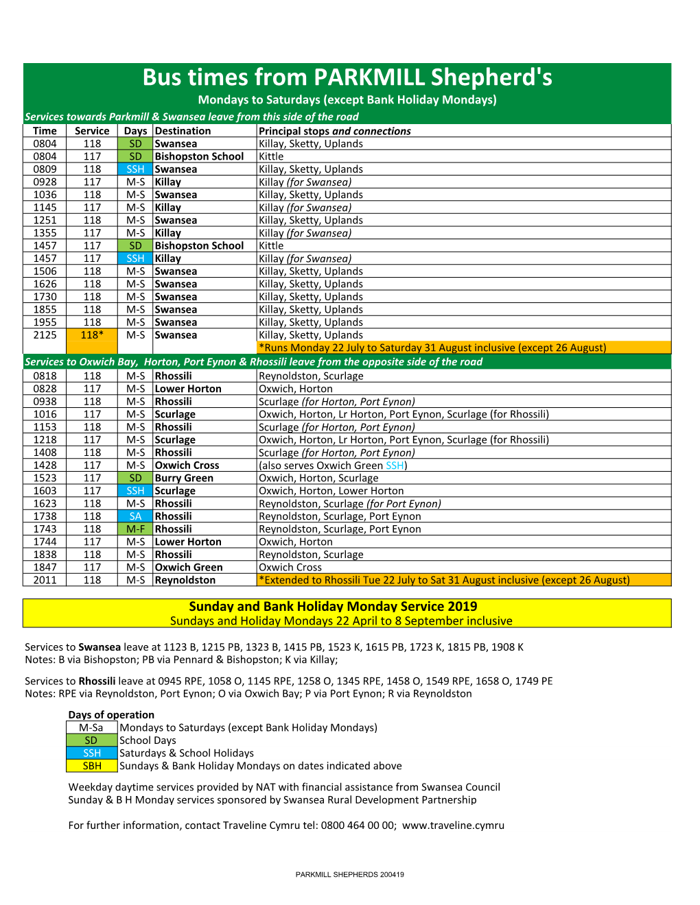 Bus Times from PARKMILL Shepherd's