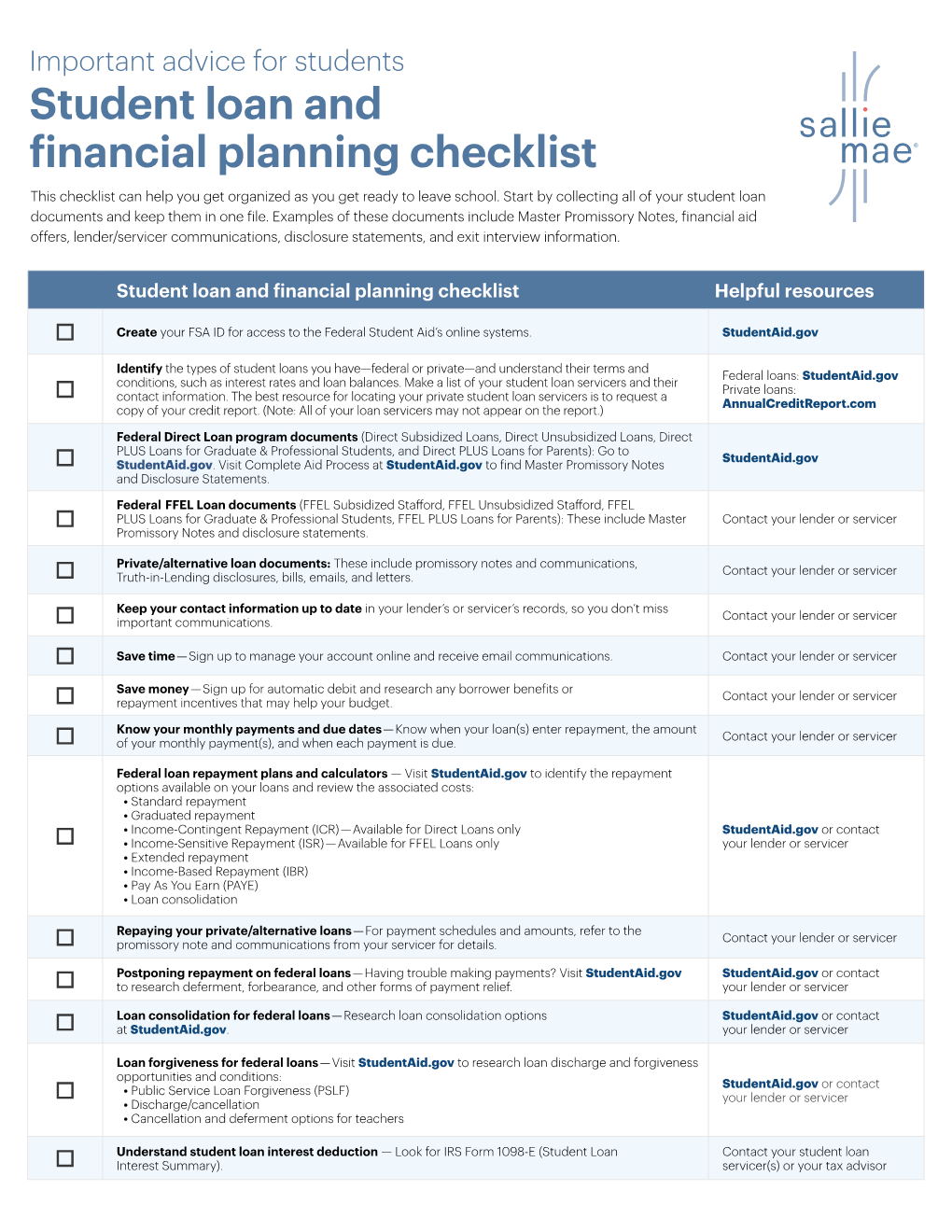 Student Loan and Financial Planning Checklist This Checklist Can Help You Get Organized As You Get Ready to Leave School