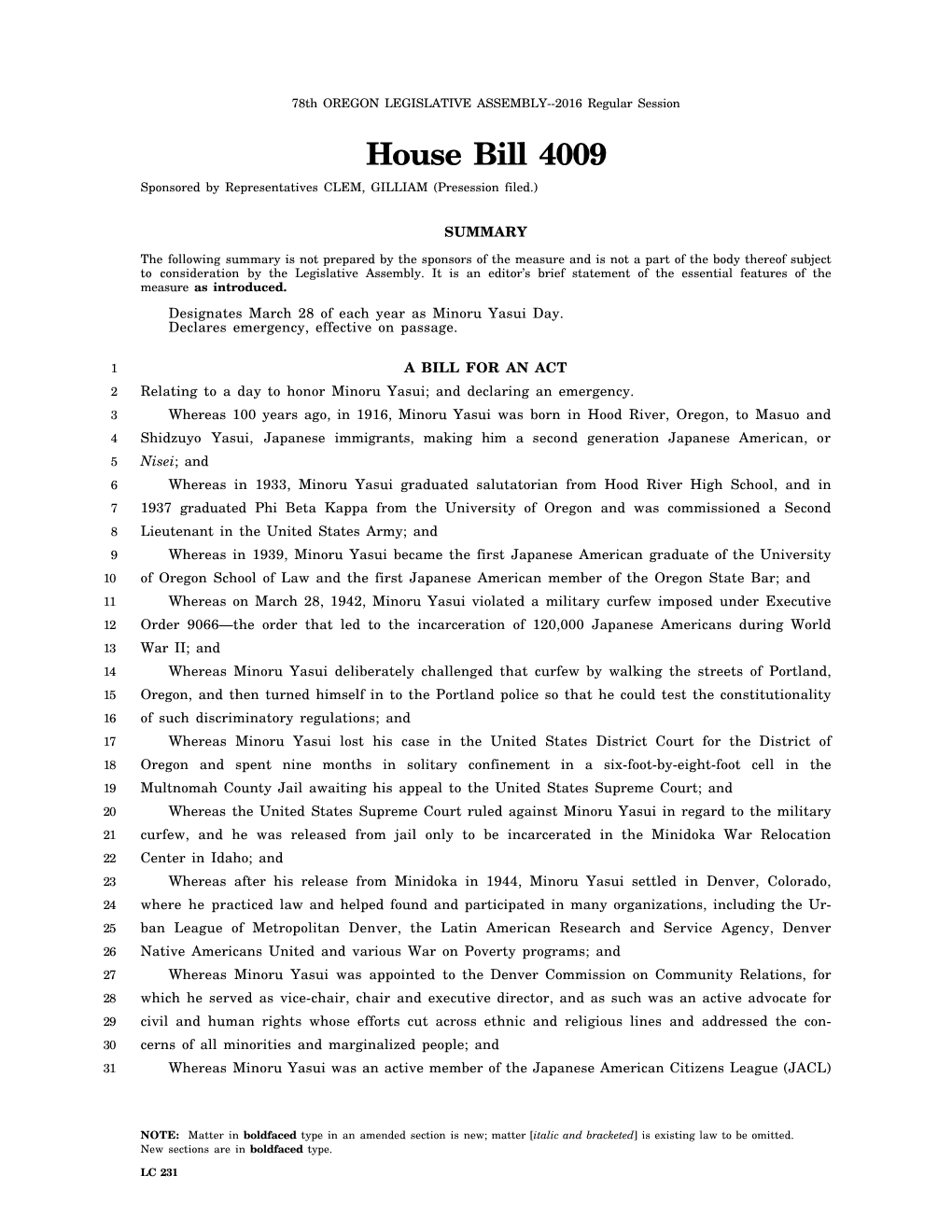 House Bill 4009 Sponsored by Representatives CLEM, GILLIAM (Presession Filed.)