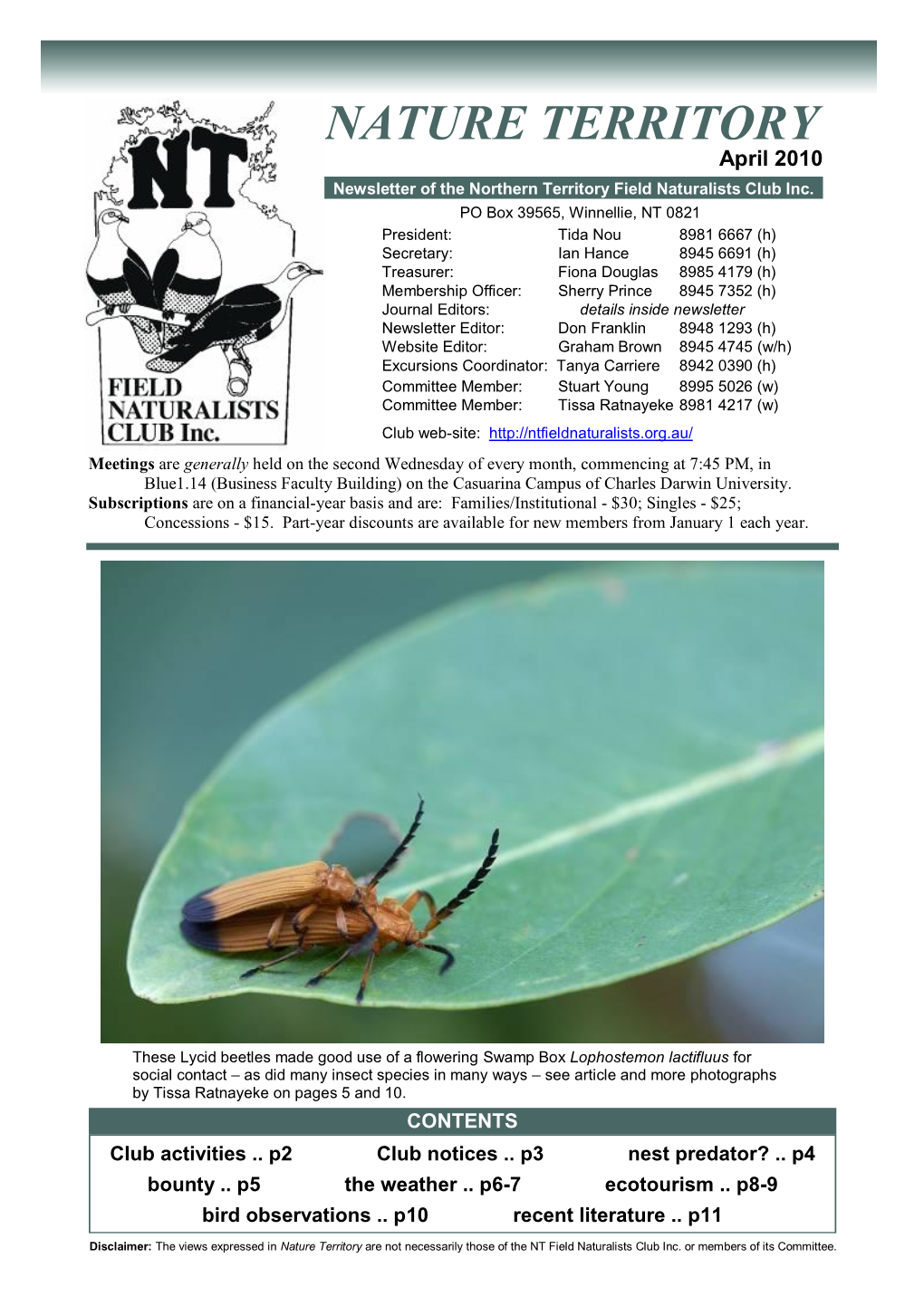 NATURE TERRITORY April 2010 Newsletter of the Northern Territory Field Naturalists Club Inc