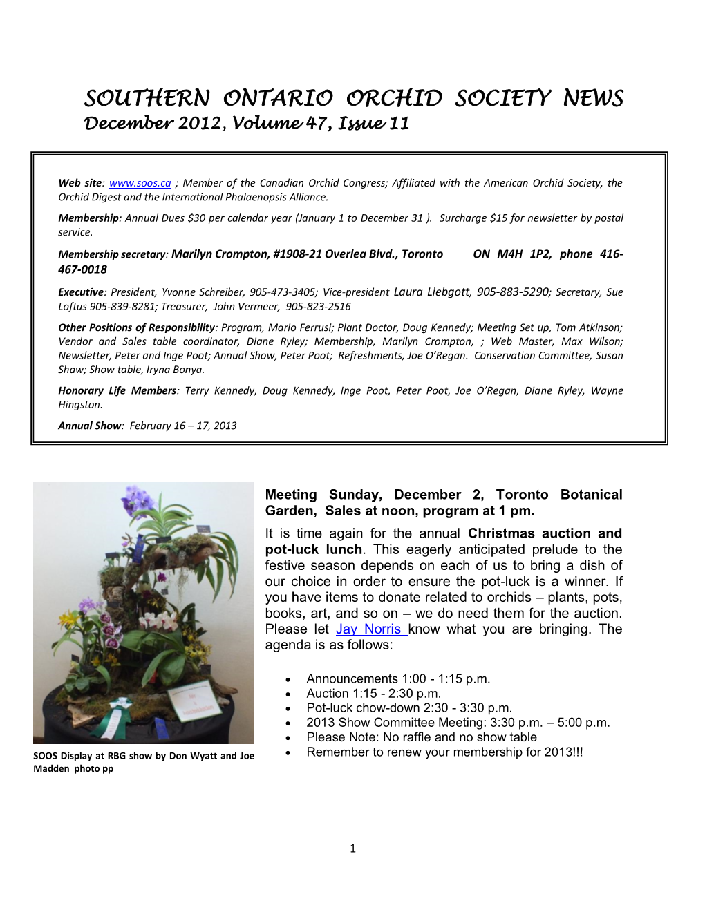 SOUTHERN ONTARIO ORCHID SOCIETY NEWS December 2012, Volume 47, Issue 11