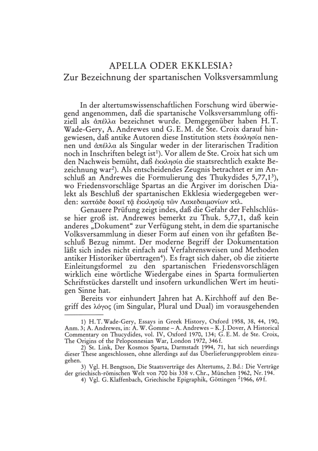 APELLA ODER EKKLESIA? Zur Bezeichnung Der Spartanischen Volksversammlung