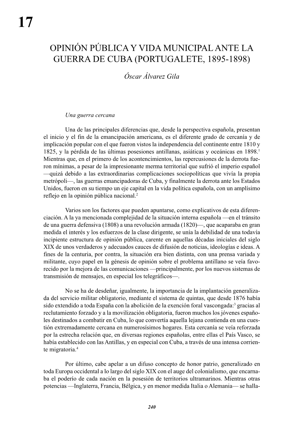 Opinión Pública Y Vida Municipal Ante La Guerra De Cuba (Portugalete, 1895-1898)
