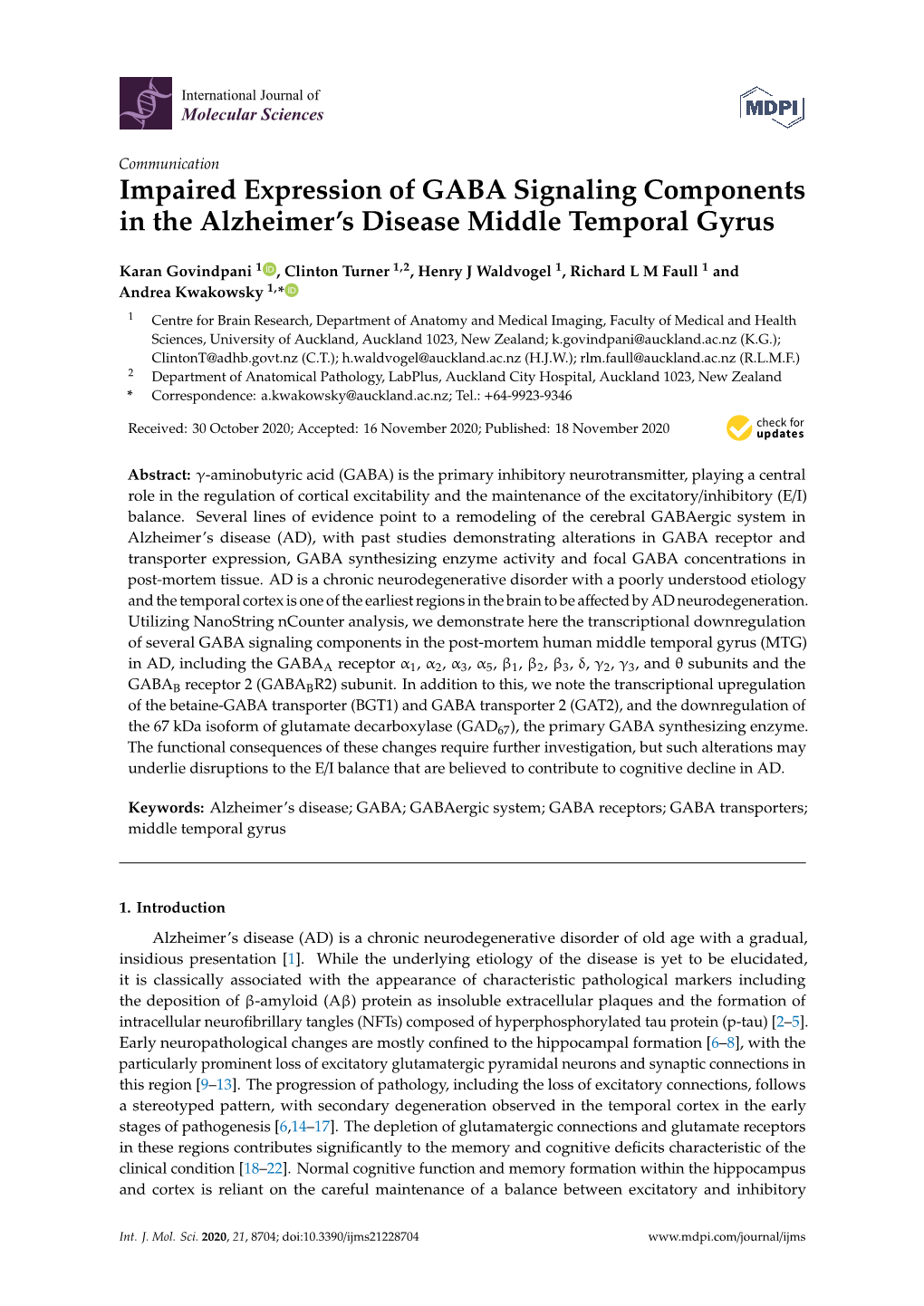 Impaired Expression of GABA Signaling Components in the Alzheimer’S Disease Middle Temporal Gyrus