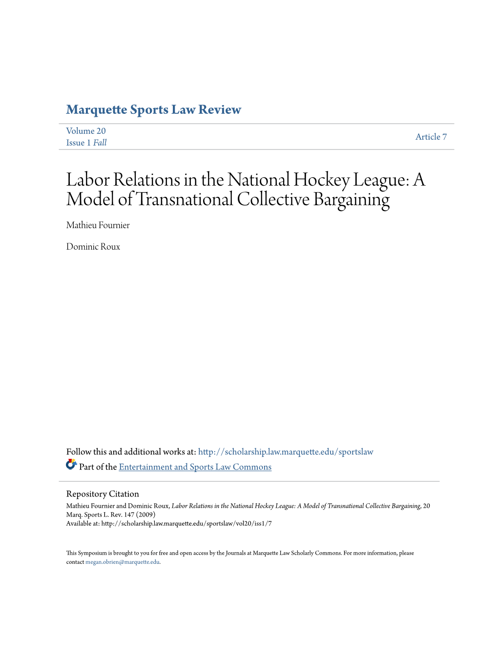 Labor Relations in the National Hockey League: a Model of Transnational Collective Bargaining Mathieu Fournier