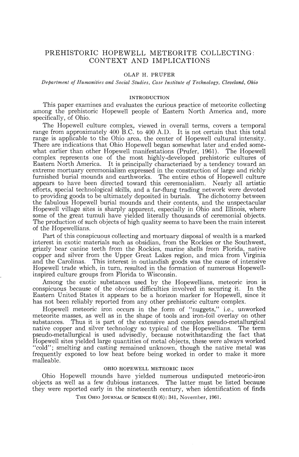 Prehistoric Hopewell Meteorite Collecting : Context and Implicatiosn