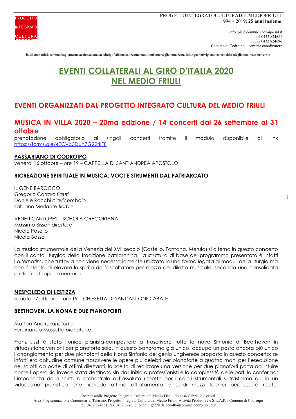 Programma Eventi Collaterali Giro Italia Ottobre 2020 Medio Friuli