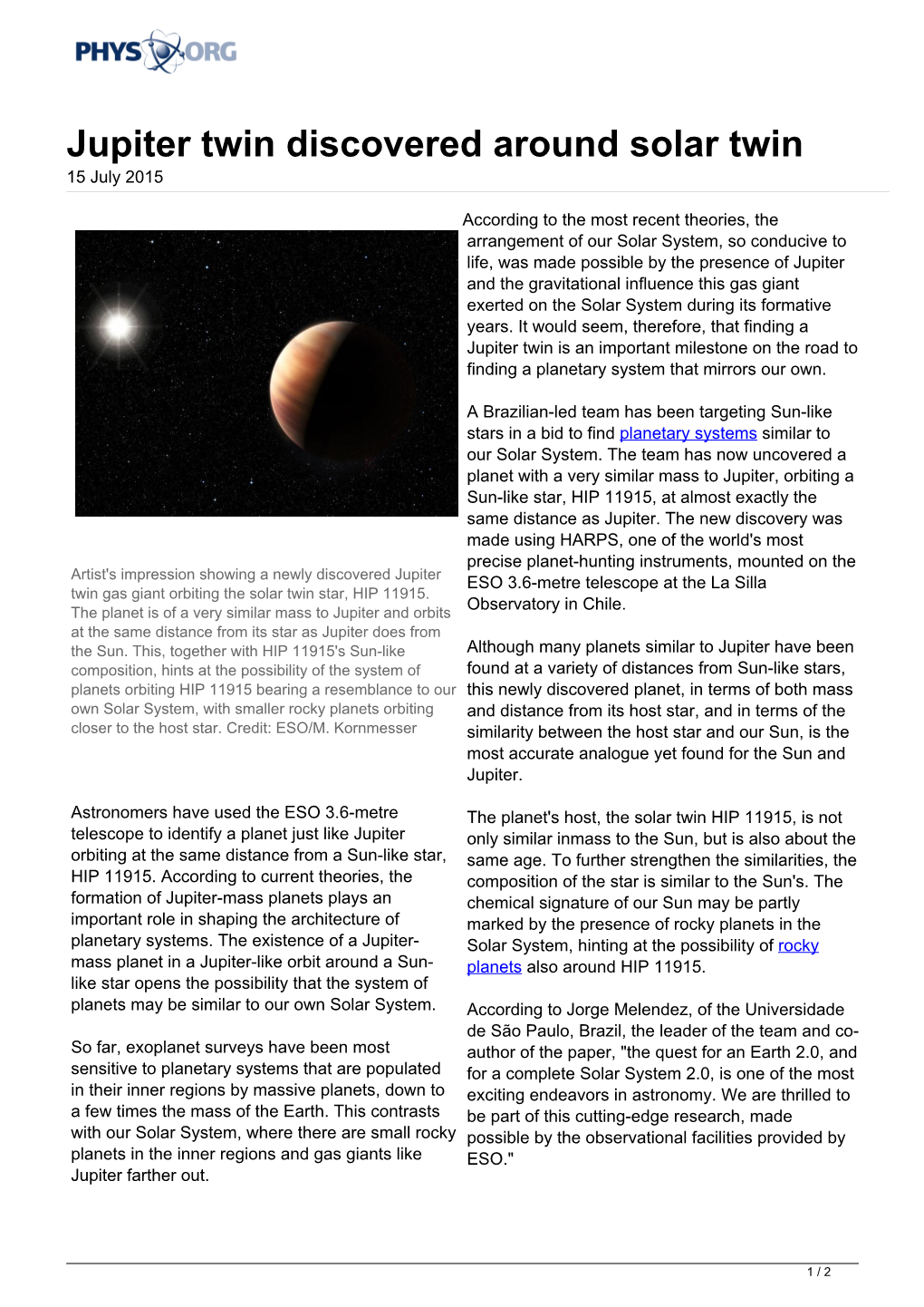 Jupiter Twin Discovered Around Solar Twin 15 July 2015