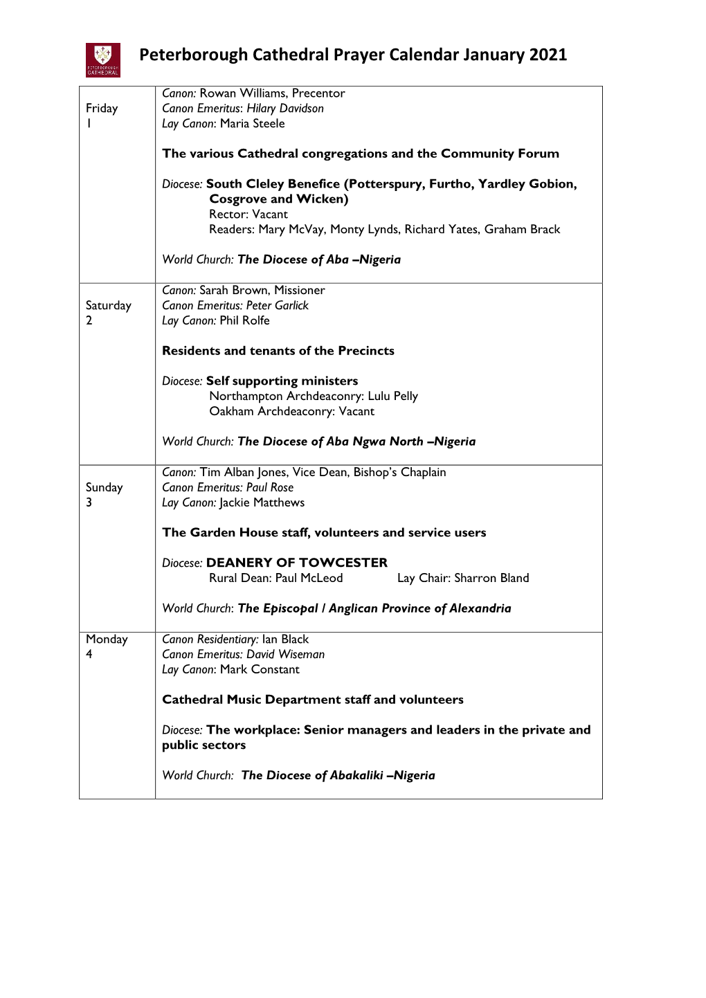 Peterborough Cathedral Prayer Calendar January 2021