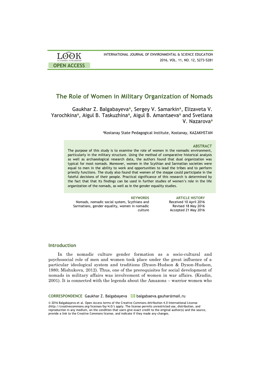 The Role of Women in Military Organization of Nomads