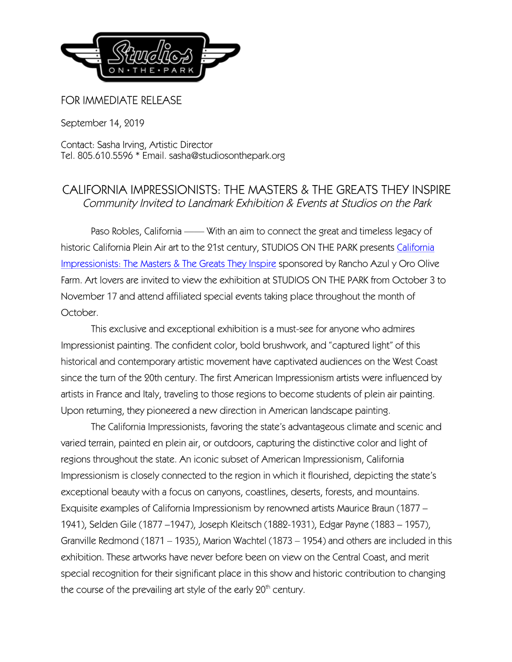 CALIFORNIA IMPRESSIONISTS: the MASTERS & the GREATS THEY INSPIRE Community Invited to Landmark Exhibition & Events at Studios on the Park