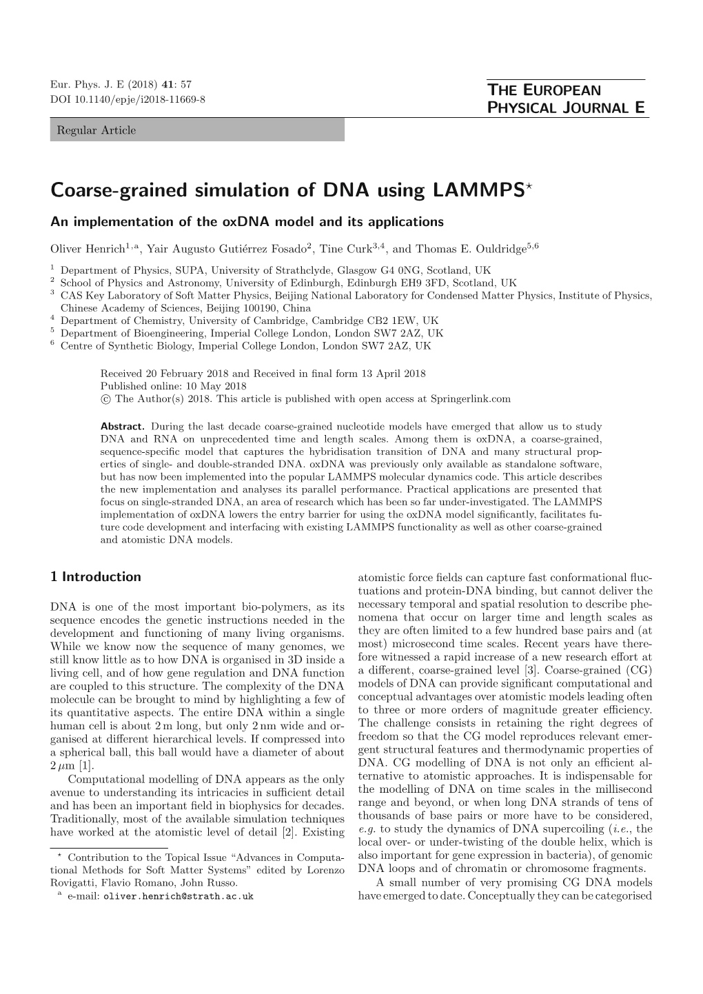 Coarse-Grained Simulation of DNA Using LAMMPS*
