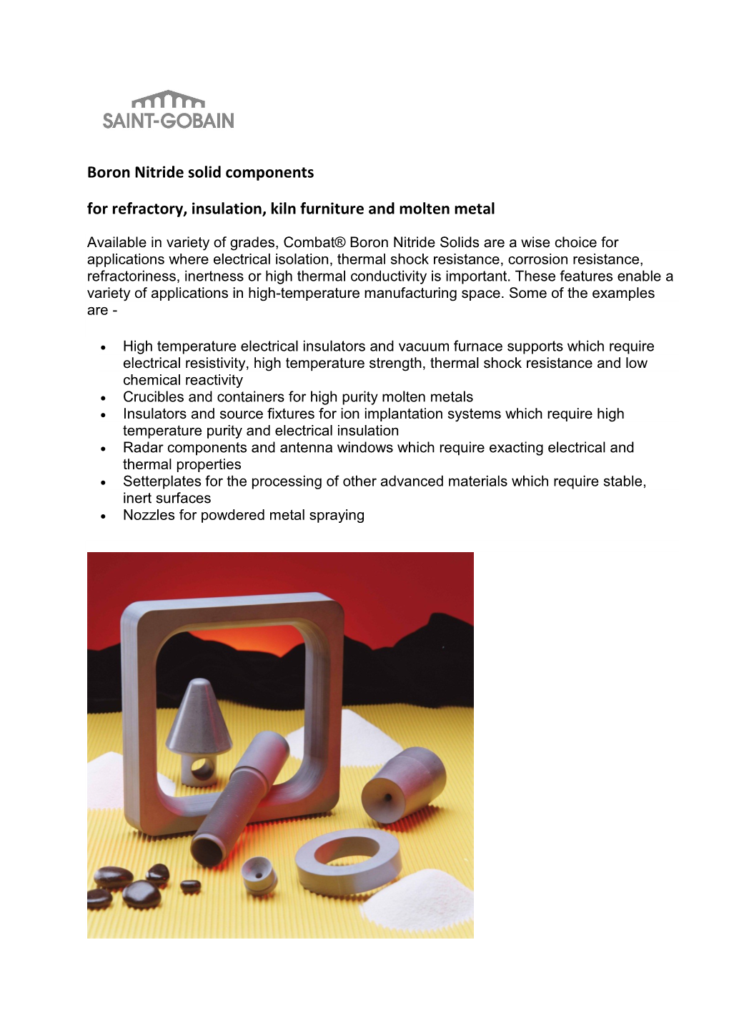 Boron Nitride Solid Components for Refractory, Insulation, Kiln Furniture and Molten Metal