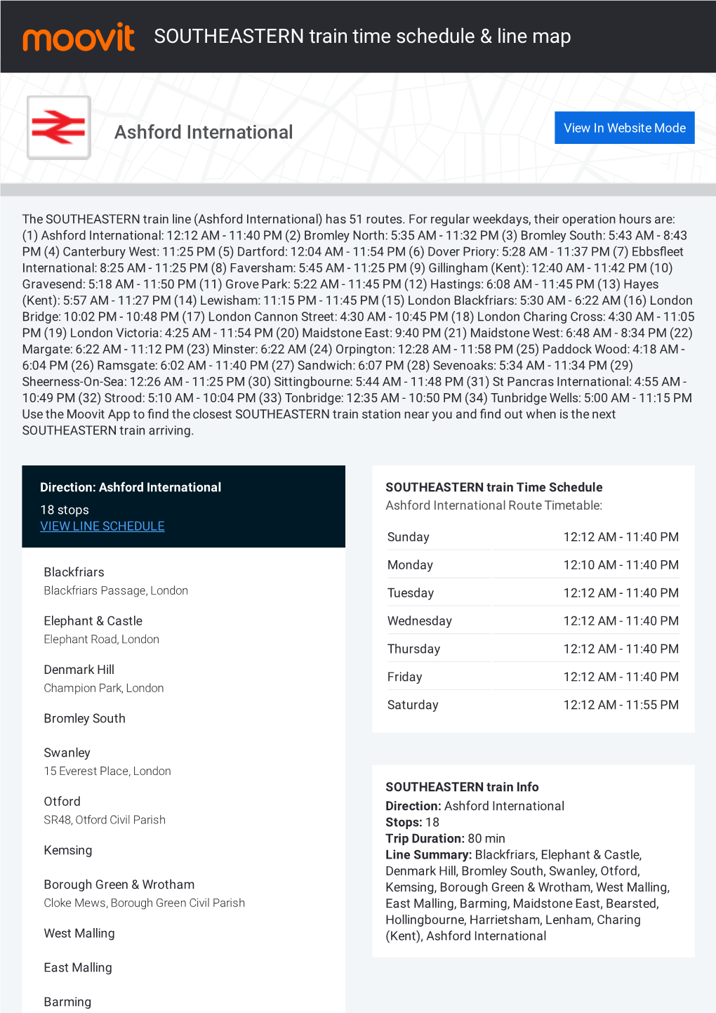 SOUTHEASTERN Train Time Schedule & Line Route