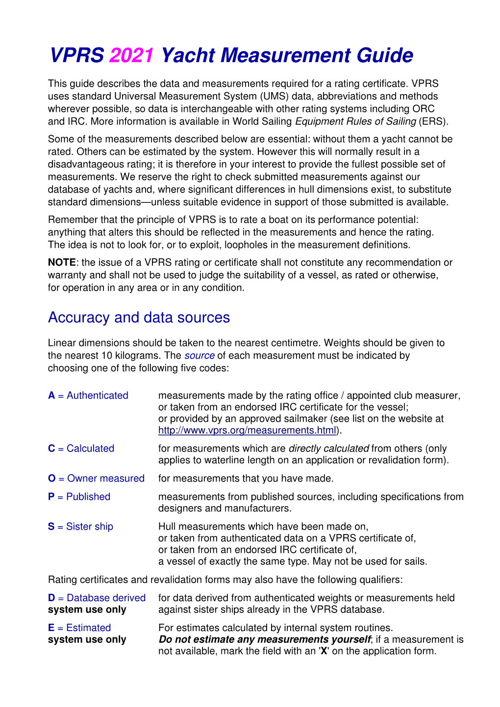 VPRS 2021 Yacht Measurement Guide