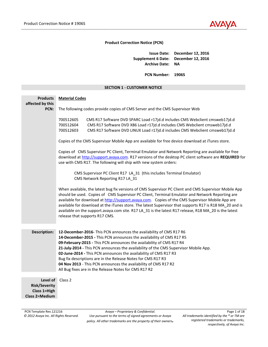 Product Correction Notice (PCN)