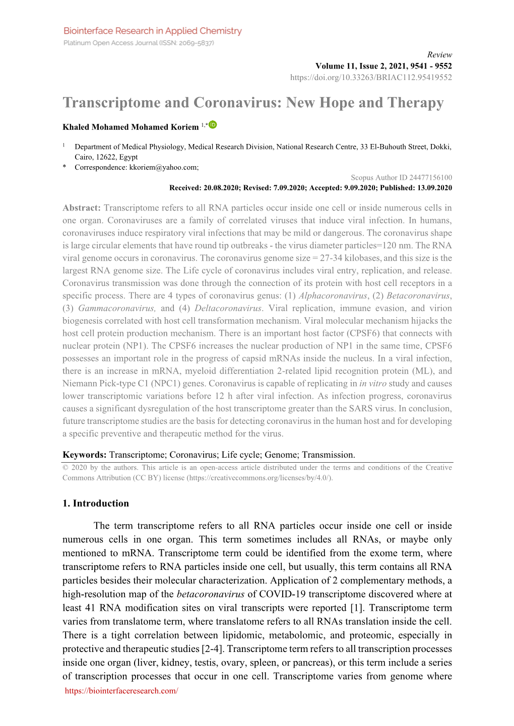 Transcriptome and Coronavirus: New Hope and Therapy