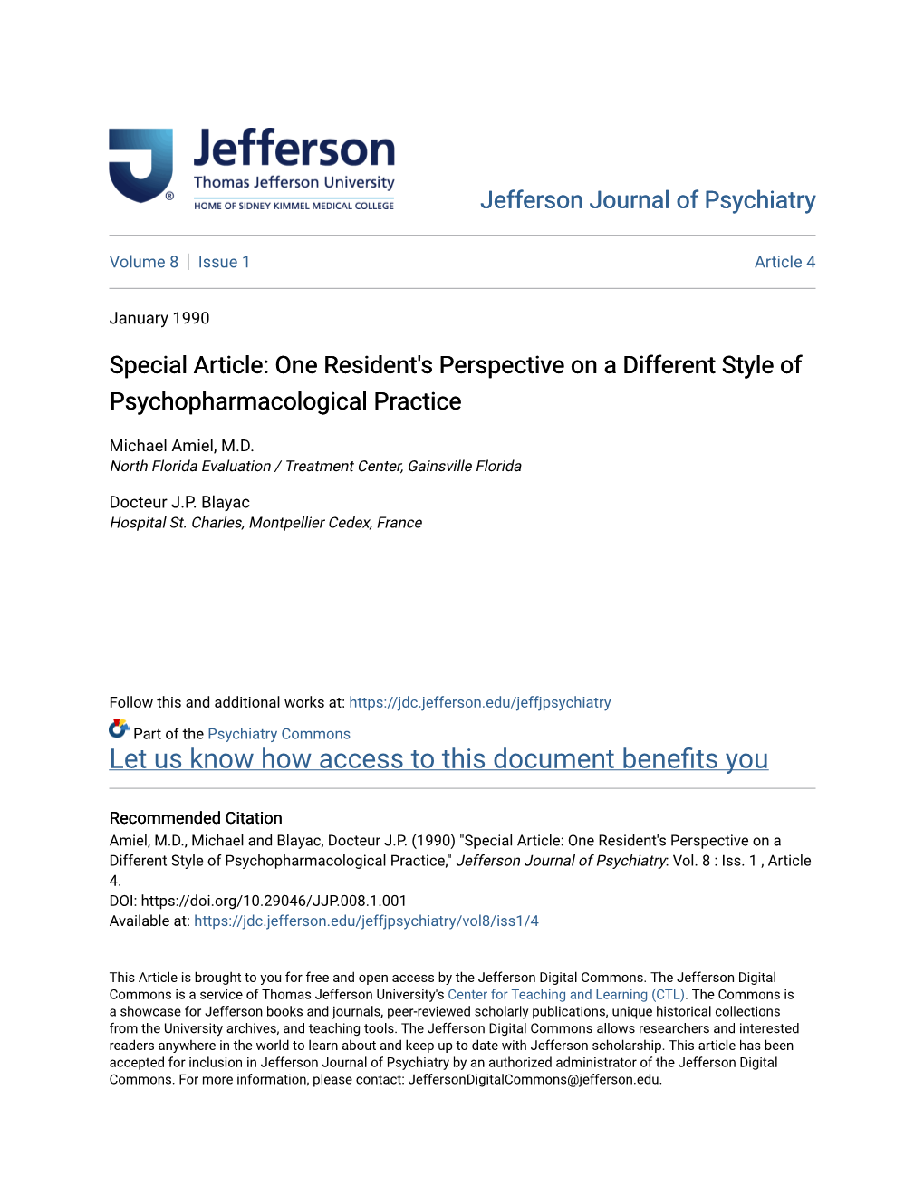 Special Article: One Resident's Perspective on a Different Style of Psychopharmacological Practice