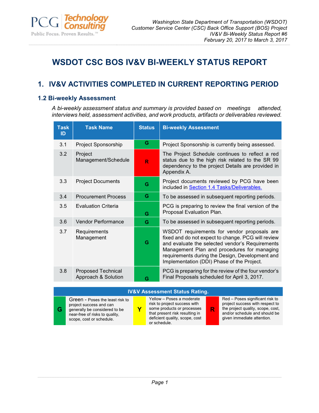 Wsdot Csc Bos Iv&V Bi-Weekly Status Report