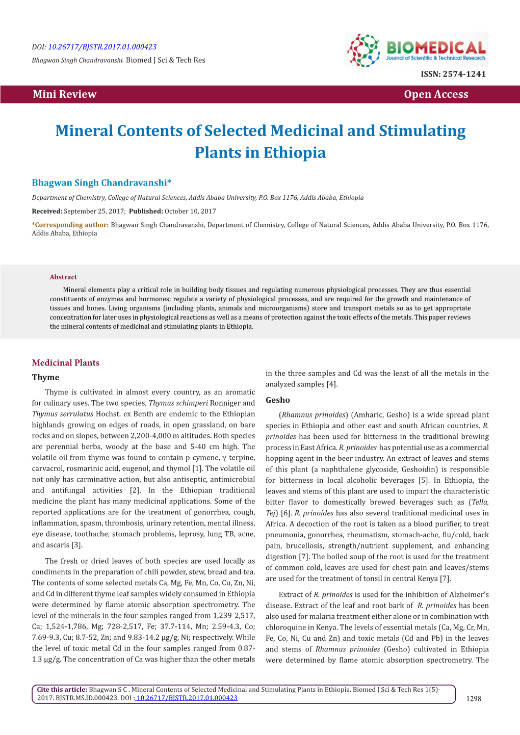 Mineral Contents of Selected Medicinal and Stimulating Plants in Ethiopia