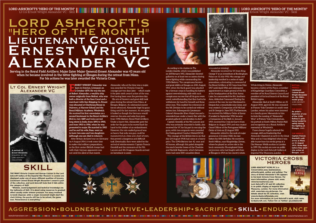 Ernest Wright Alexander VC - Skill Lt Col Ernest Wright Alexander VC - Skill LORD ASHCROFT's "HERO of the MONTH" Lieutenant Colonel Ernest Wright