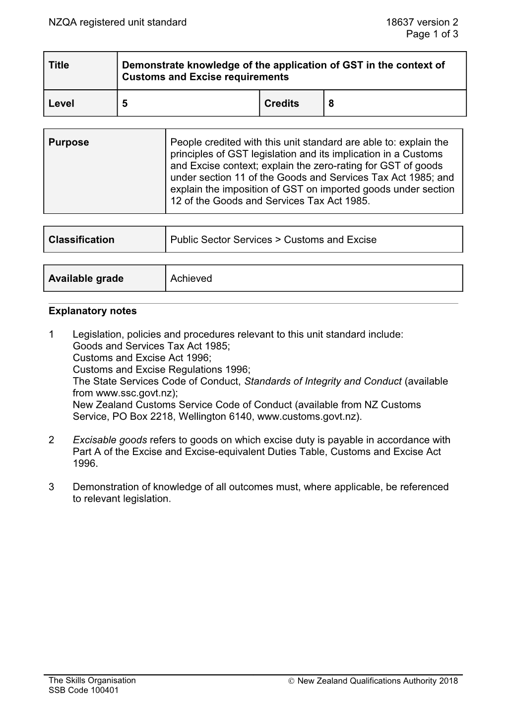 18637 Demonstrate Knowledge of the Application of GST in the Context of Customs and Excise