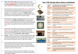 Year 7 RE: Spring: Islam: History and Beliefs the Prophet Muhammad Who Was Born in Mecca in 570 CE