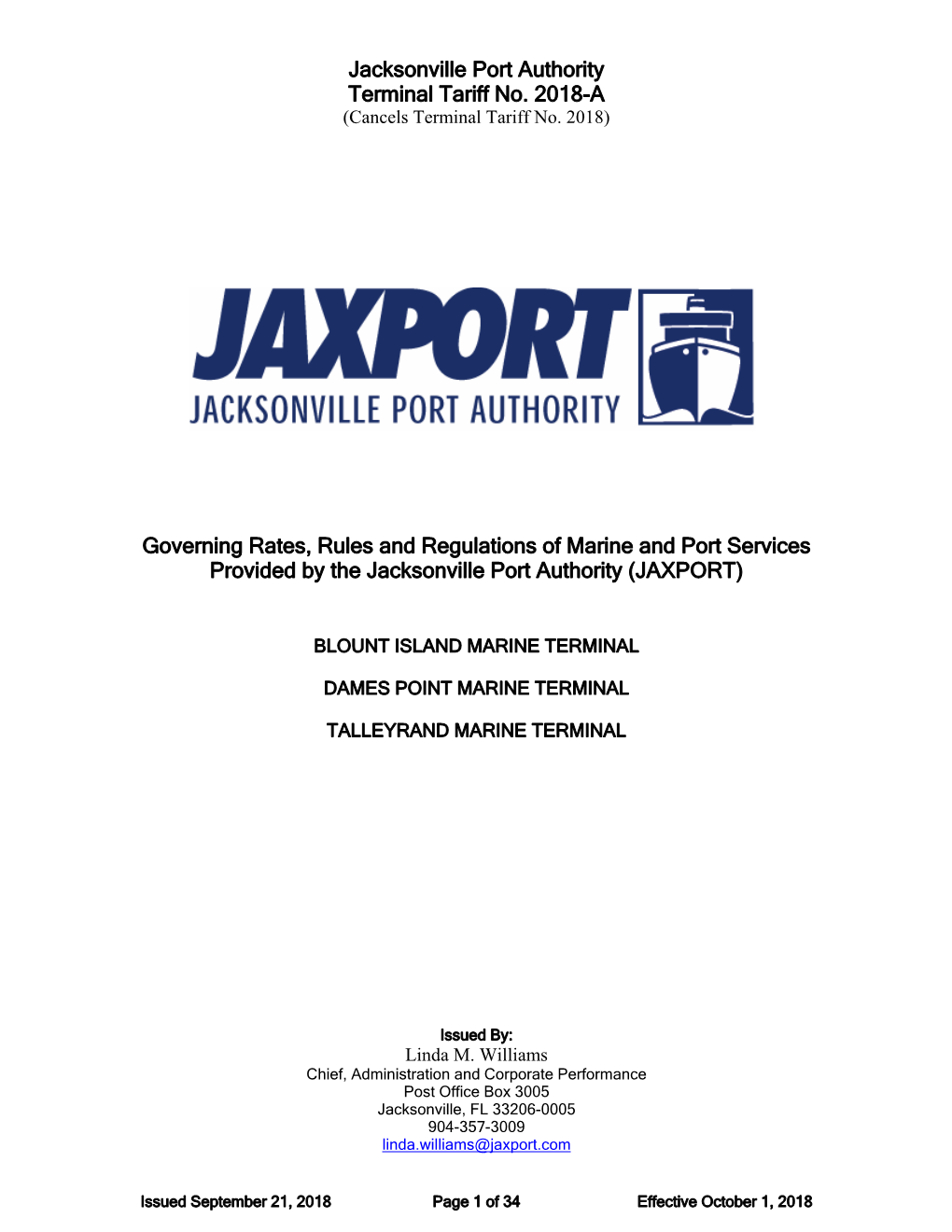 Jacksonville Port Authority Terminal Tariff No. 2018-A Governing Rates