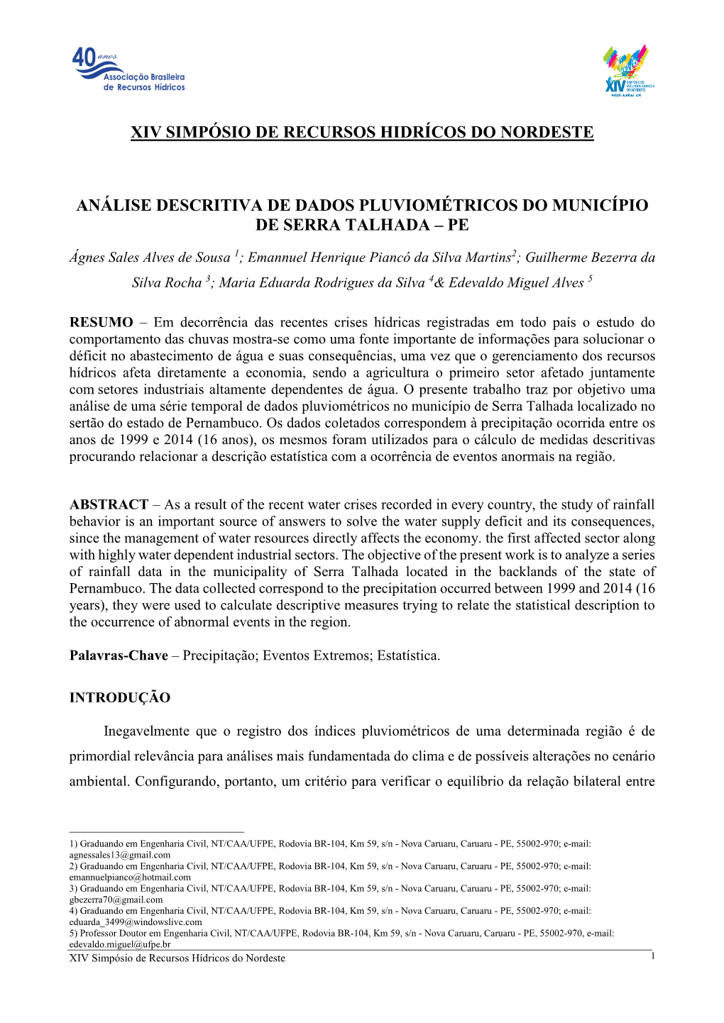 Xiv Simpósio De Recursos Hidrícos Do Nordeste Análise Descritiva De