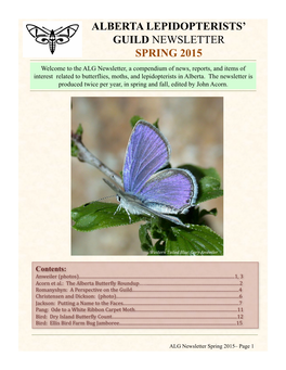 Alberta Lepidopterists' Guild Newsletter Spring 2015
