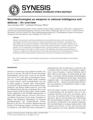 Neurotechnologies As Weapons in National Intelligence and Defense – an Overview James Giordano, Phd*1-3 and Rachel Wurzman, Phd(C)4