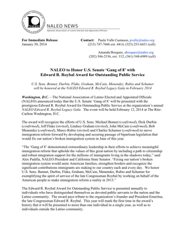 NALEO to Honor U.S. Senate 'Gang of 8' with Edward R. Roybal Award For