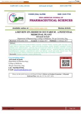 A REVIEW on ERODIUM CICUTARIUM: a POTENTIAL MEDICINAL PLANT Ali Esmail Al-Snafi Department of Pharmacology, College of Medicine, Thi Qar University, Iraq