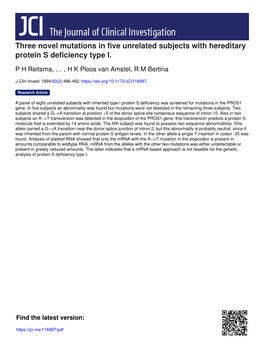Three Novel Mutations in Five Unrelated Subjects with Hereditary Protein S Deficiency Type I