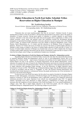 Higher Education in North East India: Schedule Tribes Reservation on Higher Education in Manipur