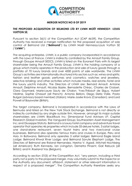 MERGER NOTICE NO 8 of 2019 the PROPOSED ACQUISITION of BELMOND LTD by LVMH MOËT HENNESSY- LOUIS VUITTON SE. Pursuant to Section