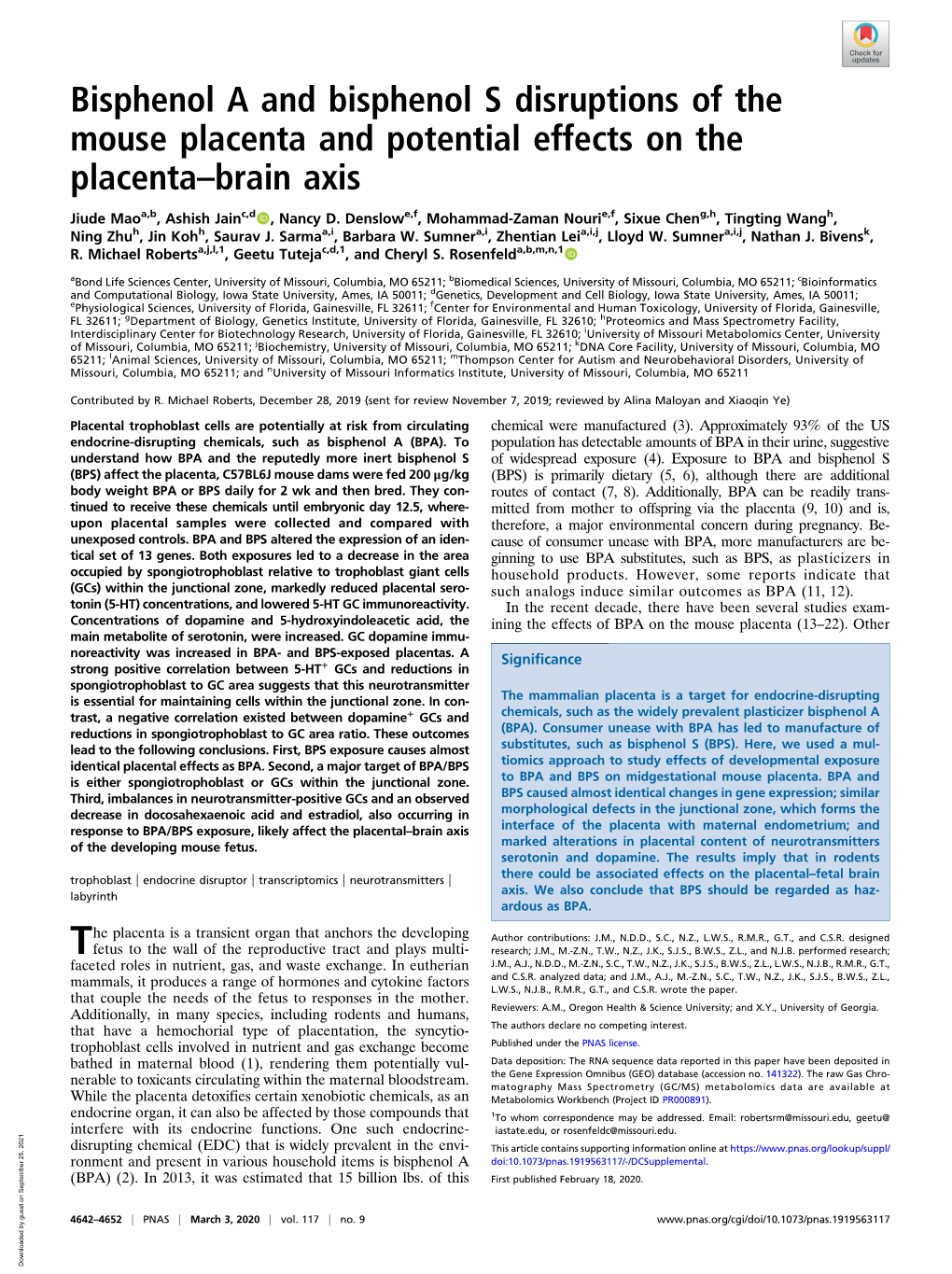 Bisphenol a and Bisphenol S Disruptions of the Mouse Placenta and Potential Effects on the Placenta–Brain Axis