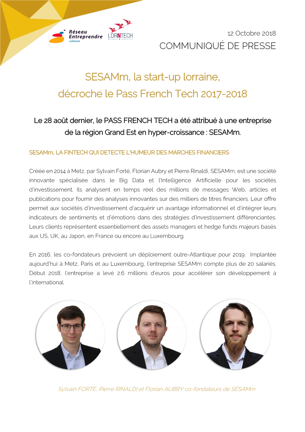 Sesamm, La Start-Up Lorraine, Décroche Le Pass French Tech 2017-2018