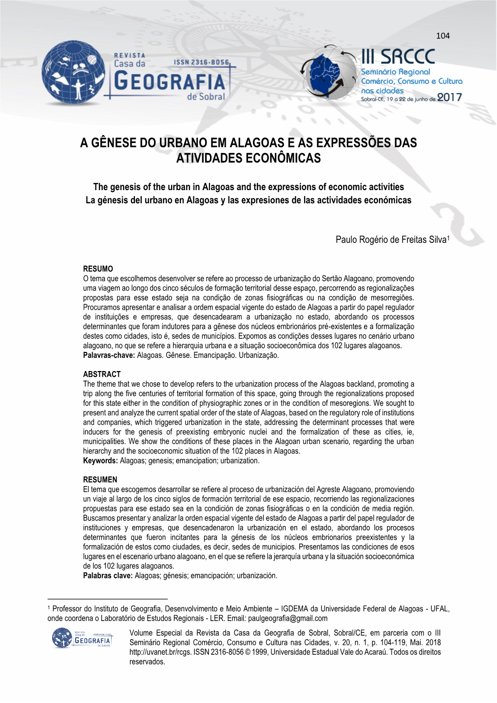 A Gênese Do Urbano Em Alagoas E As Expressões Das Atividades Econômicas