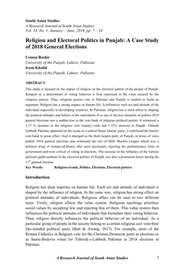 Religion and Electoral Politics in Punjab: a Case Study of 2018 General Elections