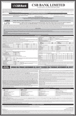 CSB Bank Limited Price Band Advertisement