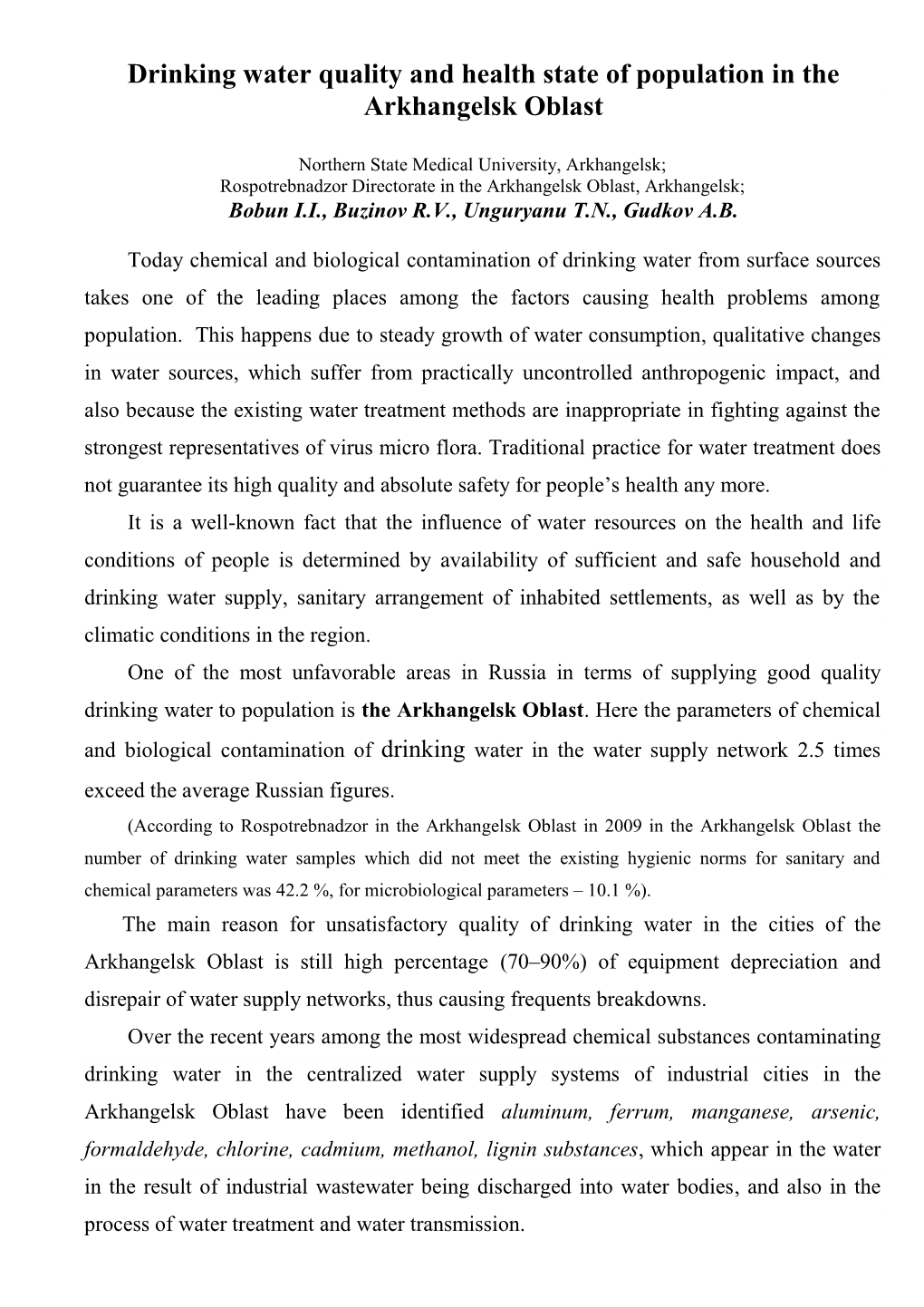 Drinking Water Quality and Health State of Population in the Arkhangelsk Oblast